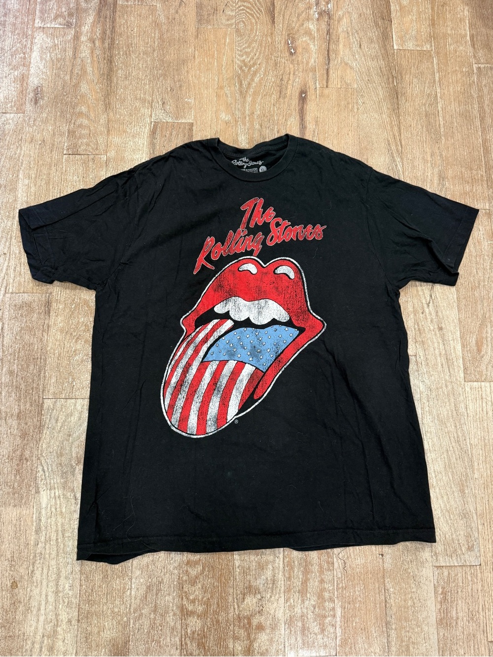 The Rolling Stones Black Tee with Red, White & Blue Tongue Graphic